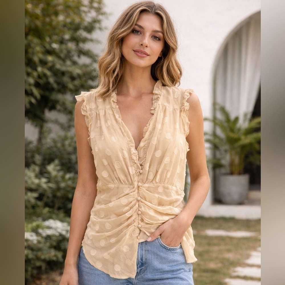 Helen Wang Ruffled V-Neck Polka Dot Sleeveless silk Top - Beige size S